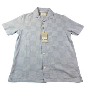 Folk London Blue Checker SS Shirt Textured Cotton Camp Collar Men NEW $196 Small